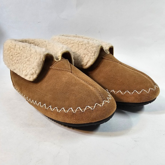 isotoner Shoes - Isotoner Womens Tan Suede Moccasin Boot Slippers Fleece Lined Fold Cuff